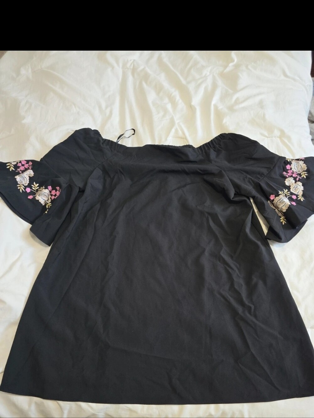 Jennifer Lopez Black Off-Shoulder Mini Dress with Pink & Cream Floral Embroidery